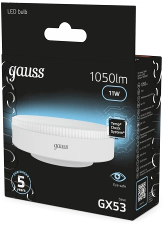 Лампа светодиодная Gauss 108008211 11Вт цок.:GX53 (упак.:10шт) таблетка 150B св.свеч.бел.нейт. GX53