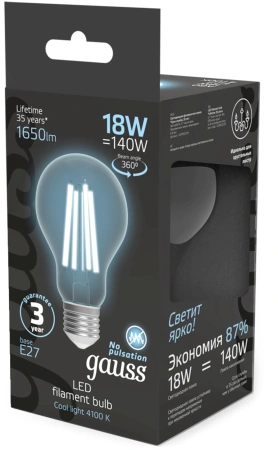 Лампа филам. Gauss Filament 18Вт цок.:E27 груша св.свеч.бел.нейт. (упак.:10шт) (102902218)