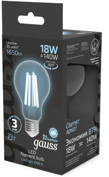 Лампа филам. Gauss Filament 18Вт цок.:E27 груша св.свеч.бел.нейт. (упак.:10шт) (102902218)