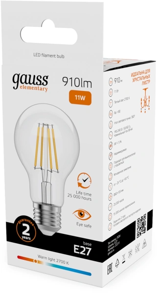 Лампа филам. Gauss Filament 11Вт цок.:E27 груша 220B св.свеч.бел.теп. (упак.:10шт) (22211)