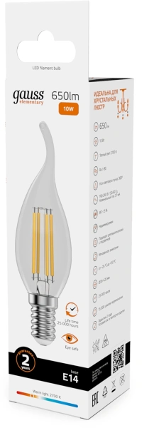 Лампа филам. Gauss Filament 10Вт цок.:E14 свеча св.свеч.бел.теп. (упак.:10шт) (42110)