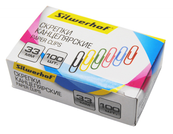 Скрепки Silwerhof 492021 металл пластиковая оболочка 33мм ассорти (упак.:100шт) картонная коробка