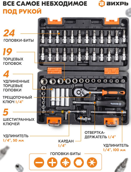 Набор инструментов Вихрь 1/4" CrV 57 предметов (жесткий кейс)