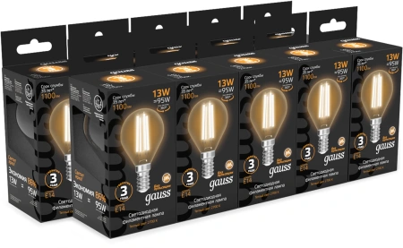 Лампа филам. Gauss Filament 13Вт цок.:E14 шар 220B св.свеч.бел.теп. (упак.:10шт) (105801113)