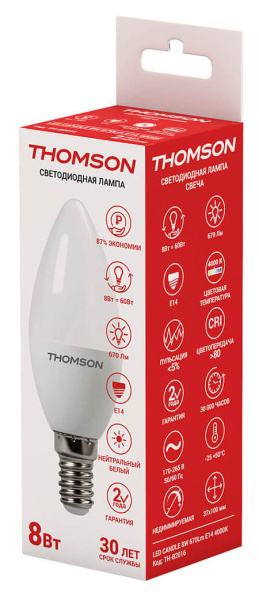 Лампа светодиодная Thomson Candle TH-B2016 8Вт цок.:E14 свеча 220B 4000K св.свеч.бел.нейт. C (упак.:1шт)