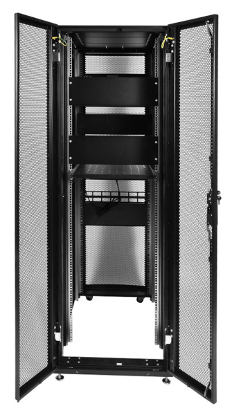 Шкаф серверный ЦМО (ШТК-СП-42.6.10-44АА-9005) напольный 42U 600x990мм пер.дв.перфор. задн.дв.перфор. 2 бок.пан. направл.под закл.гайки 1350кг черный 690мм 139кг 120град. 1950мм IP20 сталь с силовыми розетками укомплектованный