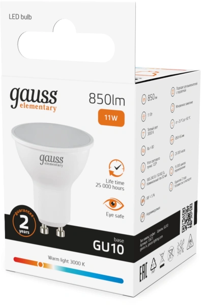 Лампа светодиодная Gauss Elementary 13611 11Вт цок.:GU10 софит 220B св.свеч.бел.теп. (упак.:10шт)