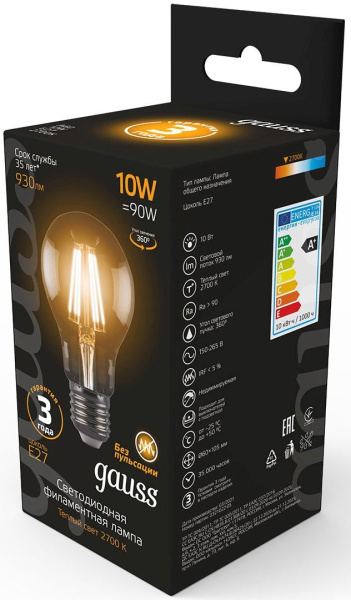 Лампа филам. Gauss 10Вт цок.:E27 шар 220B 2700K св.свеч.бел.теп. A60 (упак.:10шт) (102802110)