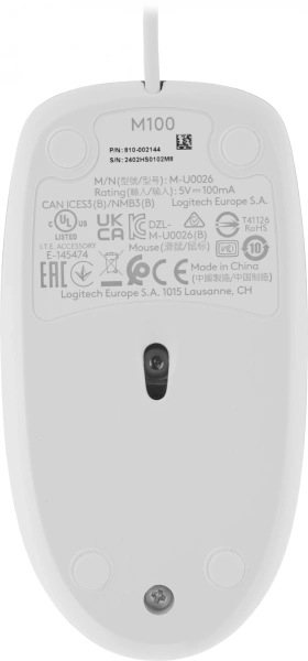 Мышь Logitech M100 белый/черный оптическая 1000dpi USB 2but (910-006764)