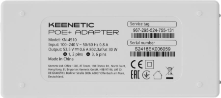 Инжектор PoE+ Keenetic KN-4510 10/100/1000BASE-T 30Вт 100-240В(АС)