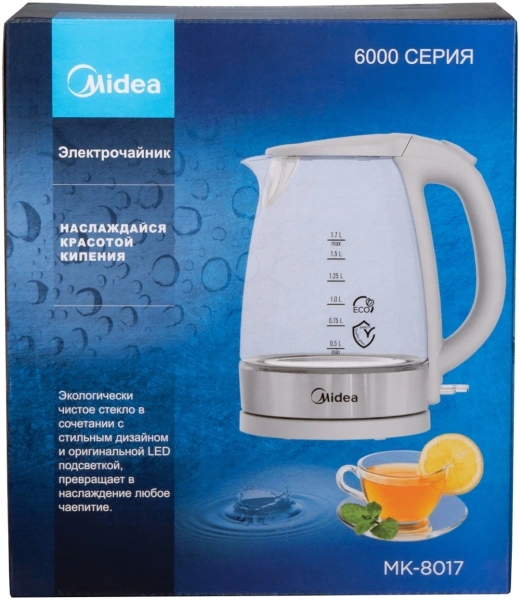 Чайник электрический Midea MK-8017 1.7л. 2200Вт белый корпус: стекло
