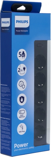 Сетевой фильтр Philips CHP2155BA/51 2м (5 розеток) черный (коробка)