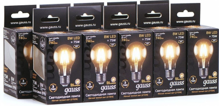 Лампа филам. Gauss 8Вт цок.:E27 шар 220B 2700K св.свеч.бел.теп. A60 (упак.:10шт) (102802108)