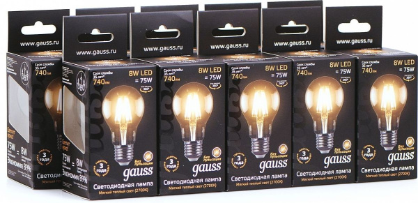 Лампа филам. Gauss 8Вт цок.:E27 шар 220B 2700K св.свеч.бел.теп. A60 (упак.:10шт) (102802108)