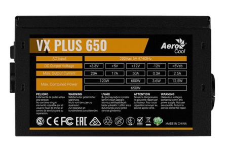 Блок питания Aerocool ATX 650W VX PLUS 650W (24+4+4pin) 120mm fan 3xSATA RTL