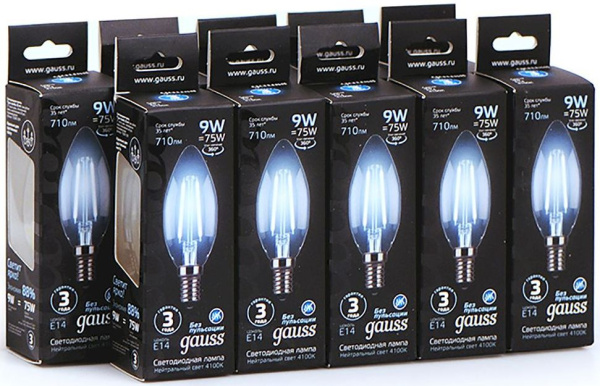 Лампа филам. Gauss 9Вт цок.:E14 свеча 220B 4100K св.свеч.бел.нейт. C37 (упак.:10шт) (103801209)