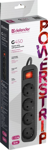 Сетевой удлинитель Defender G450 5м (4 розетки) черный (коробка)