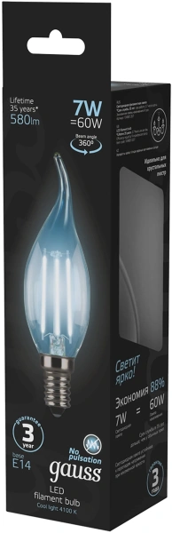 Лампа филам. Gauss Filament 7Вт цок.:E14 свеча 220B св.свеч.бел.нейт. CF35 (упак.:10шт) (104801207)