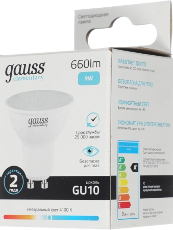 Лампа светодиодная Gauss Spotlight Elementary 9Вт цок.:GU10 спот 220B 4100K св.свеч.бел.нейт. MR16 (упак.:1шт) (13629)
