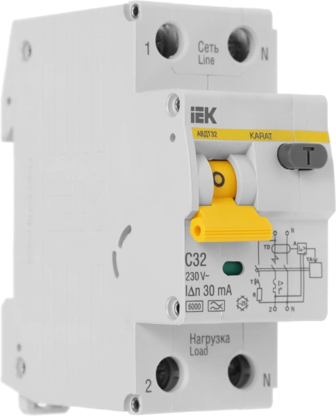 Выключатель автом. дифф. тока IEK MAD22-5-032-C-30 АВДТ 32 32A тип C 6kA 30мА A 1П+Н 230В 2мод белый (упак.:1шт)