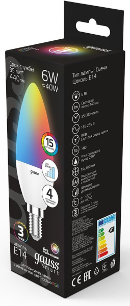Лампа светодиодная Gauss 103101406 6Вт цок.:E14 свеча 220B св.свеч.RGB (упак.:1шт)