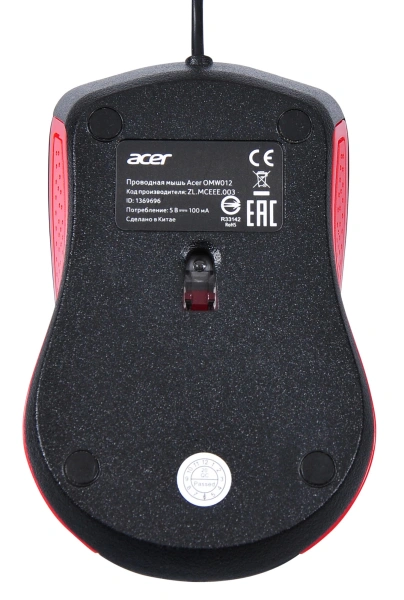 Мышь Acer OMW012 черный/красный оптическая (1200dpi) USB (3but)
