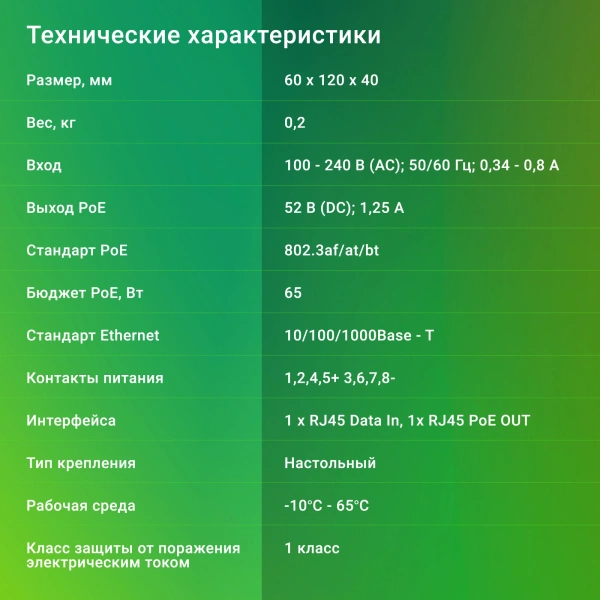 Инжектор PoE Digma DNP65W52GTXP 10/100/1000BASE-T 65Вт 100-240В(АС)