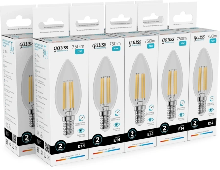 Лампа филам. Gauss Filament 12Вт цок.:E14 свеча 220B св.свеч.бел.нейт. (упак.:10шт) (32122)