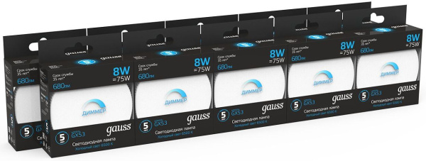 Лампа светодиодная Gauss 108408308-D 8Вт цок.:GX53 таблетка 220B 6500K св.свеч.бел.хол. (упак.:1шт)