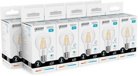 Лампа филам. Gauss Filament 7Вт цок.:E27 груша св.свеч.бел.нейт. (упак.:10шт) (22227)