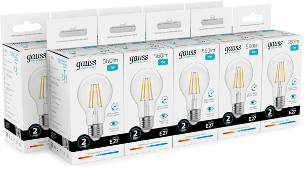 Лампа филам. Gauss Filament 7Вт цок.:E27 груша св.свеч.бел.нейт. (упак.:10шт) (22227)