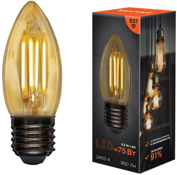 Лампа филам. Rexant 9.5Вт цок.:E27 свеча 220B 2400K св.свеч.бел.нейт. CN (упак.:10шт) (604-100)