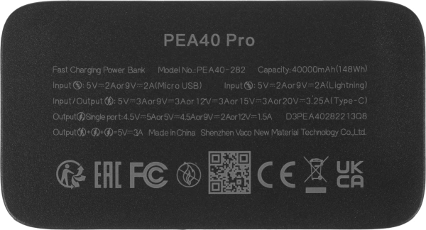 Мобильный аккумулятор Romoss PEA40 Pro 40000mAh QC3.0/PD3.0 65W 3A 2xUSB-A/USB-C черный