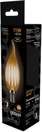 Лампа филам. Gauss Filament 11Вт цок.:E14 (упак.:10шт) свеча 220B св.свеч.бел.теп. CF35 (104801111)