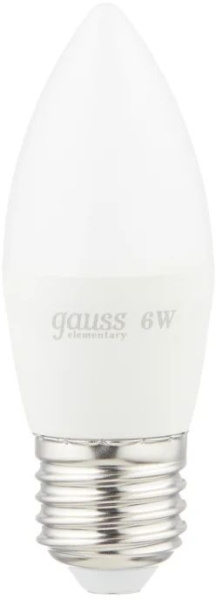 Лампа светодиодная Gauss Elementary 6Вт цок.:E27 свеча 220B 3000K св.свеч.бел.теп. C37 (упак.:10шт) (33216)