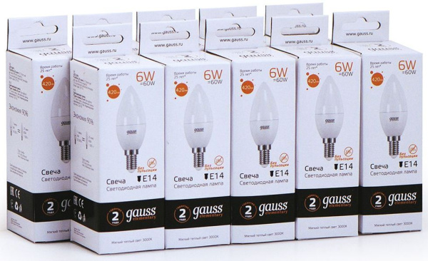 Лампа светодиодная Gauss Elementary 6Вт цок.:E14 свеча 220B 3000K св.свеч.бел.теп. C37 (упак.:10шт) (33116)