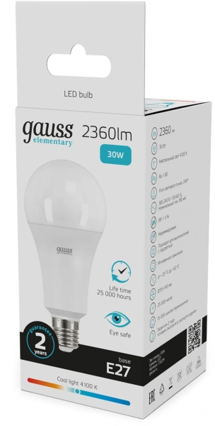 Лампа светодиодная Gauss Globe Elementary 30Вт цок.:E27 (упак.:10шт) груша 220B св.свеч.бел.нейт. А6