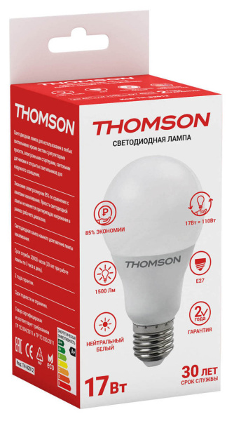 Лампа светодиодная Thomson TH-B2012 17Вт цок.:E27 груша 220B 4000K св.свеч.бел.нейт. A (упак.:1шт)