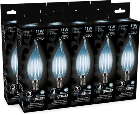 Лампа филам. Gauss Filament 11Вт цок.:E14 (упак.:10шт) свеча 220B св.свеч.бел.нейт. CF35 (104801211)