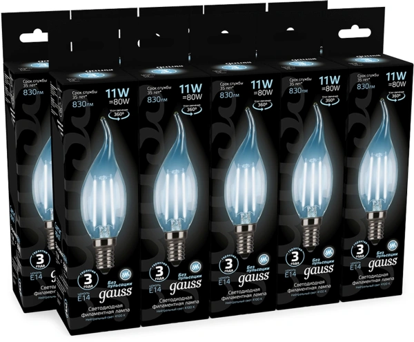 Лампа филам. Gauss Filament 11Вт цок.:E14 (упак.:10шт) свеча 220B св.свеч.бел.нейт. CF35 (104801211)