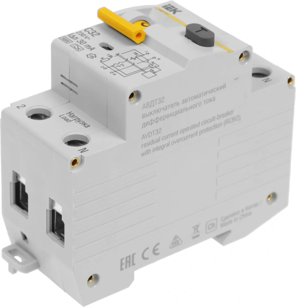 Выключатель автом. дифф. тока IEK MAD22-5-032-C-30 АВДТ 32 32A тип C 6kA 30мА A 1П+Н 230В 2мод белый (упак.:1шт)