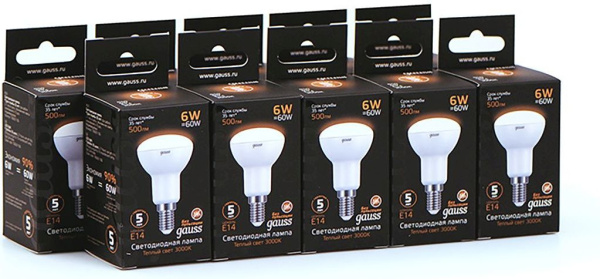 Лампа светодиодная Gauss R50 6Вт цок.:E14 рефлек. 220B 3000K св.свеч.бел.теп. (упак.:10шт) (106001106)
