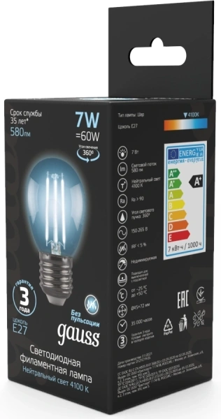 Лампа светодиодная Gauss Filament 7Вт цок.:E27 шар 220B 4100K св.свеч.бел.нейт. P45 (упак.:1шт) (105802207)