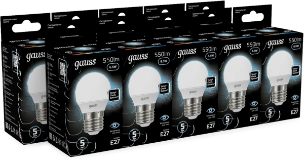 Лампа светодиодная Gauss 6.5Вт цок.:E27 шар 220B св.свеч.бел.нейт. P45 (упак.:10шт) (105102207)