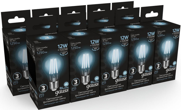 Лампа светодиодная Gauss Filament 102902212 12Вт цок.:E27 груша 185B 4100K св.свеч.бел.нейт. грушевидная (упак.:1шт)