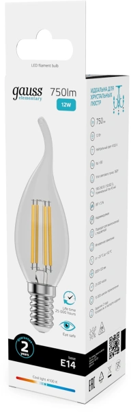 Лампа филам. Gauss Filament 12Вт цок.:E14 свеча 220B св.свеч.бел.нейт. (упак.:10шт) (42122)