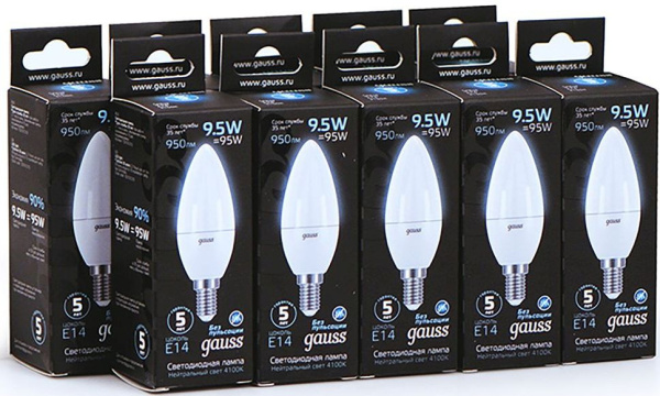 Лампа светодиодная Gauss 9.5Вт цок.:E14 свеча 220B 4100K св.свеч.бел.нейт. 35-C (упак.:1шт) (103101210)