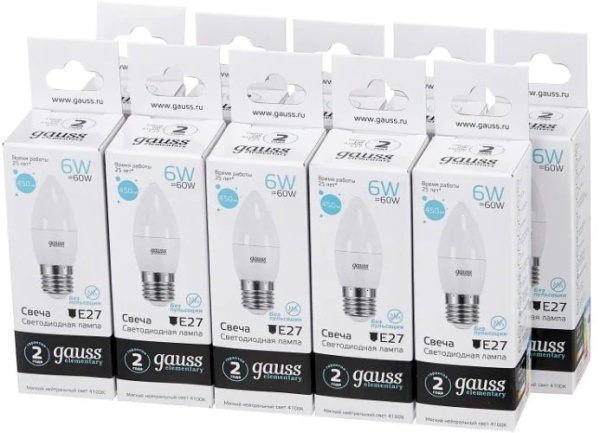 Лампа светодиодная Gauss Elementary 6Вт цок.:E27 свеча 220B 4100K св.свеч.бел.нейт. C37 (упак.:10шт) (33226)