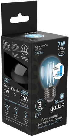 Лампа светодиодная Gauss Filament 7Вт цок.:E27 шар 220B 4100K св.свеч.бел.нейт. (упак.:1шт) (105802207-S)