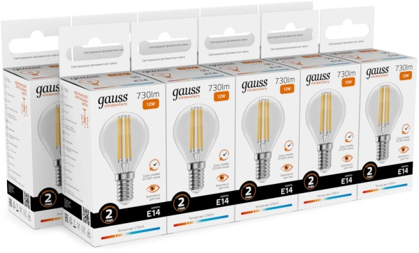 Лампа филам. Gauss Filament 12Вт цок.:E14 шар св.свеч.бел.теп. (упак.:10шт) (52112)